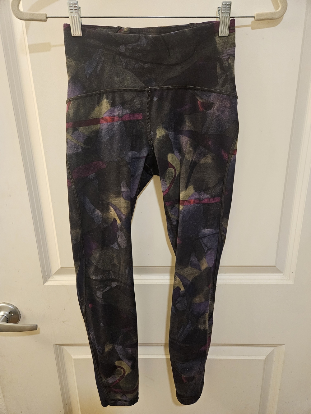 lululemon athletica Black Leggings with Purple and Olive Abstract Print